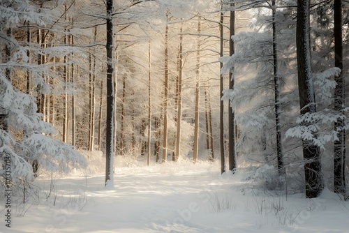 A dense forest blanketed in thick snow. The early morning light filters through the trees, casting a pale golden hue across the pristine snow. Frost clings to branches, and animal tracks