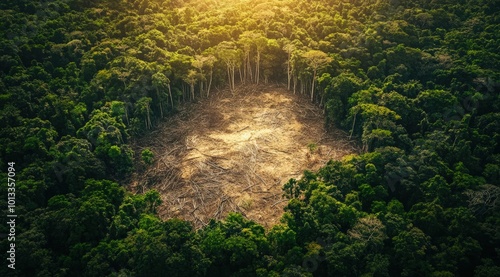 Aerial view of a vast deforested area, with stumps contrasting against the surrounding lush forest 