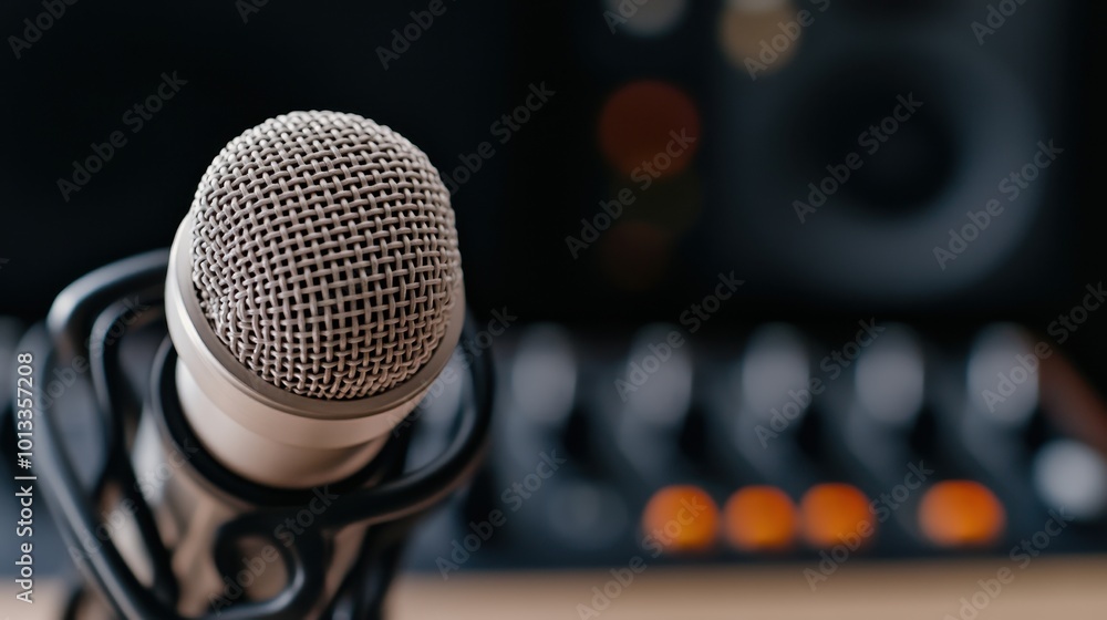 Microphone in focus with sound equipment blurred in background. Microphone in focus with sound equipment blurred in background.