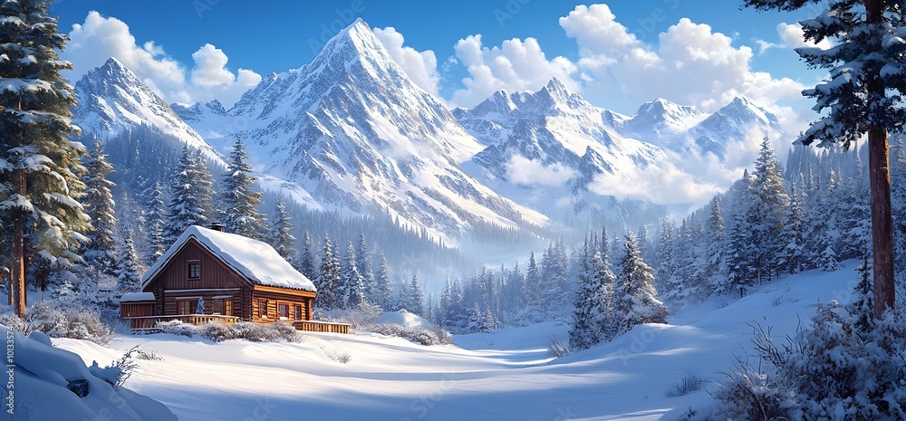 A cozy cabin nestled in a snowy mountain valley, with a breathtaking view of the snow-capped peaks. A cozy cabin nestled in a snowy mountain valley, with a breathtaking view of the snow-capped peaks.