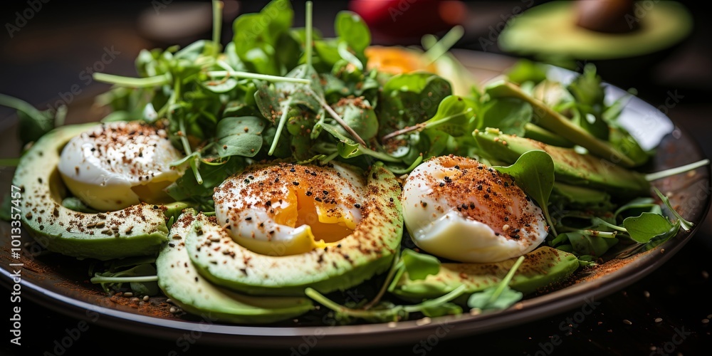 A vibrant salad featuring sliced avocado, soft boiled eggs, and fresh greens, sprinkled with spices. A vibrant salad featuring sliced avocado, soft boiled eggs, and fresh greens, sprinkled with spices.
