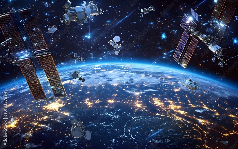 Stunning view of the earth from space with satellites and stars