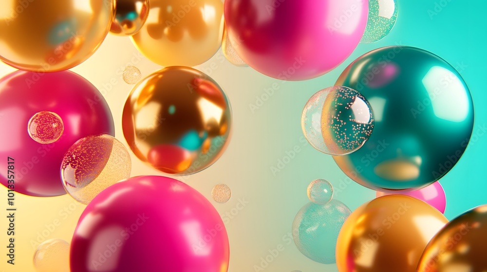 Cluster of abstract spheres and solids, gold, pink and teal, 3d render / rendering. Cluster of abstract spheres and solids, gold, pink and teal, 3d render / rendering.