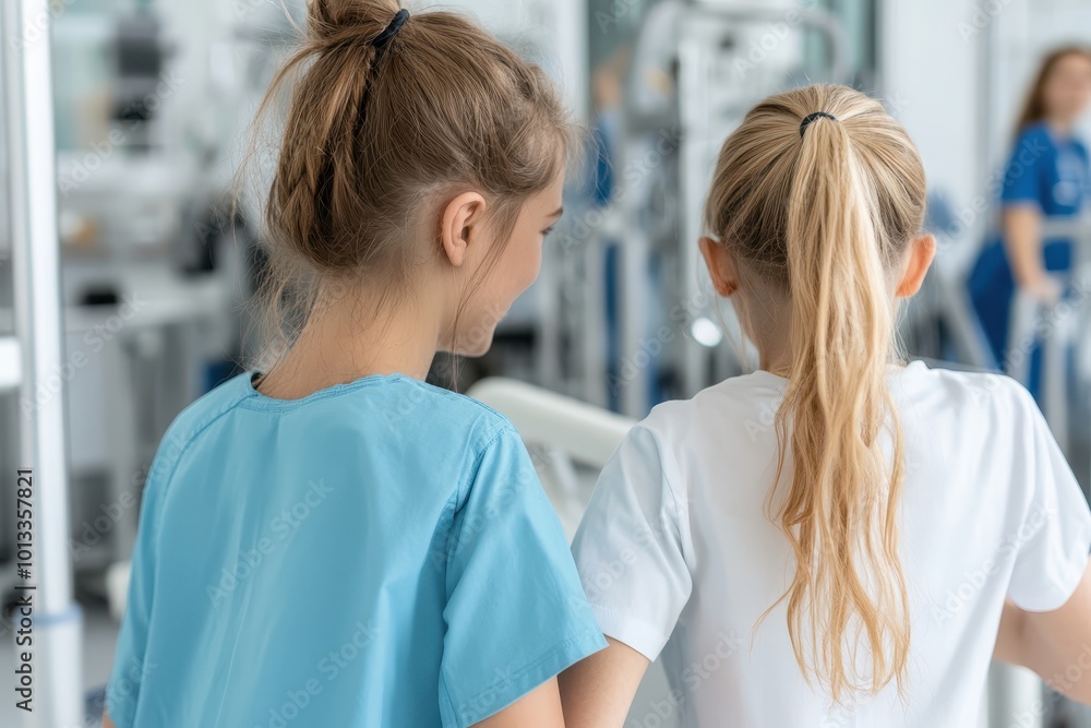 Two girls walking together in a hospital setting, showcasing friendship and support. Two girls walking together in a hospital setting, showcasing friendship and support.