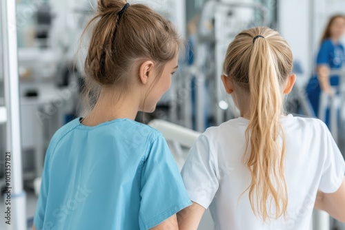 Two girls walking together in a hospital setting, showcasing friendship and support.