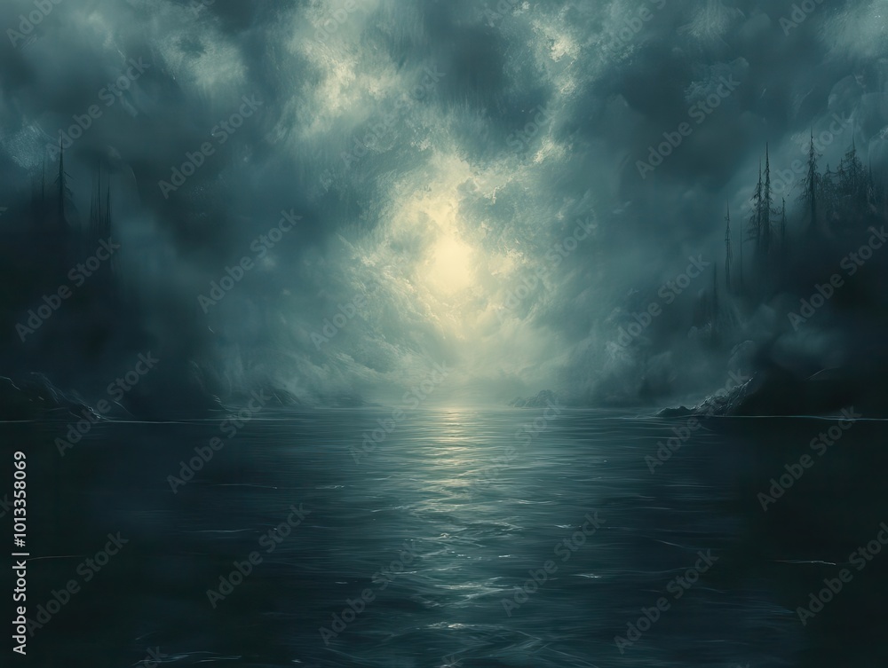Fototapeta premium dark clouds loom over a foggy landscape with a misty light breaking through creating a haunting yet beautiful atmosphere filled with mystery and depth
