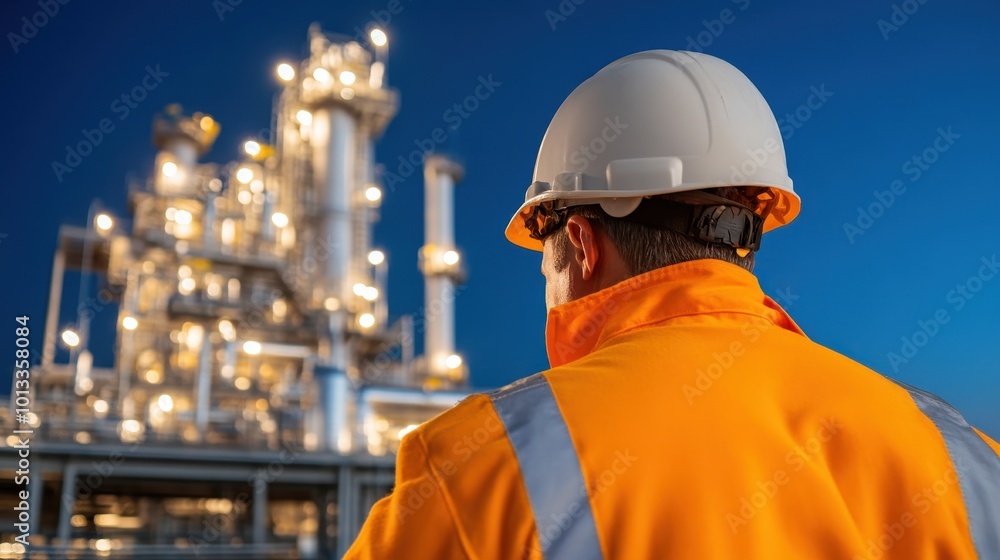 Worker in helmet and jacket observing an industrial plant at night. Worker in helmet and jacket observing an industrial plant at night.