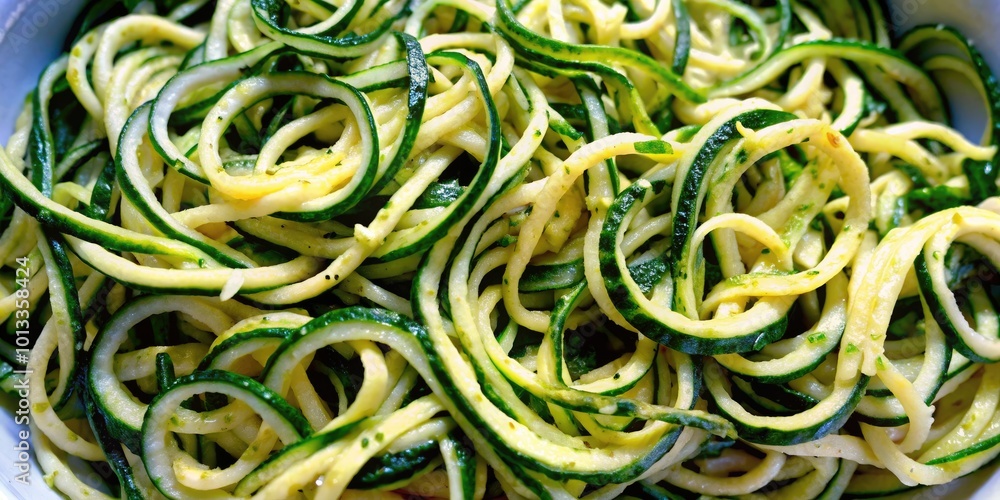 Freshly spiralized zucchini noodles in a close-up view. Freshly spiralized zucchini noodles in a close-up view.