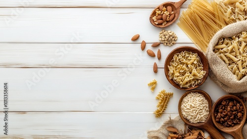 Various mix of pasta and yellow, orange and green raw fusilli pasta texture background,layout of Italian raw pasta,Food ingredient,Assorted types of pasta,cooking concept.