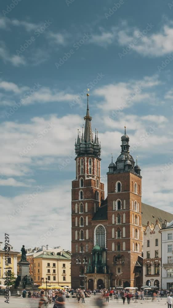 Krakow, Poland. St. Mary's Basilica And Cloth Hall Building. Famous Old Landmark Church Of Our Lady Assumed Into Heaven. Saint Mary's Church In Of Main Market Square. UNESCO World Heritage Site Krakow, Poland. St. Mary's Basilica And Cloth Hall Building. Famous Old Landmark Church Of Our Lady Assumed Into Heaven. Saint Mary's Church In Of Main Market Square. UNESCO World Heritage Site