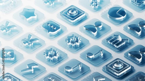 Transparent glass icons background, 3d rendering.