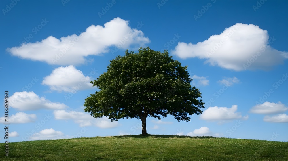 Obraz premium Lone tree on a grassy hill against a blue sky