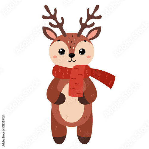 Wallpaper Mural Deer wearing warm scarf. Сute winter forest animal, isolated on white background. Flat vector illustration. Winter and autumn design, cold weather emoticon sticker. Torontodigital.ca