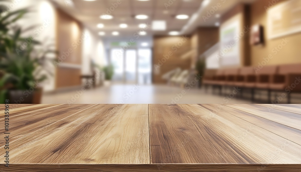 Wooden Tabletop with Blurred Office Lobby Background Wooden Tabletop with Blurred Office Lobby Background