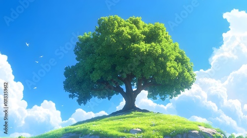 Lush green tree on a grassy hill under a blue sky with clouds