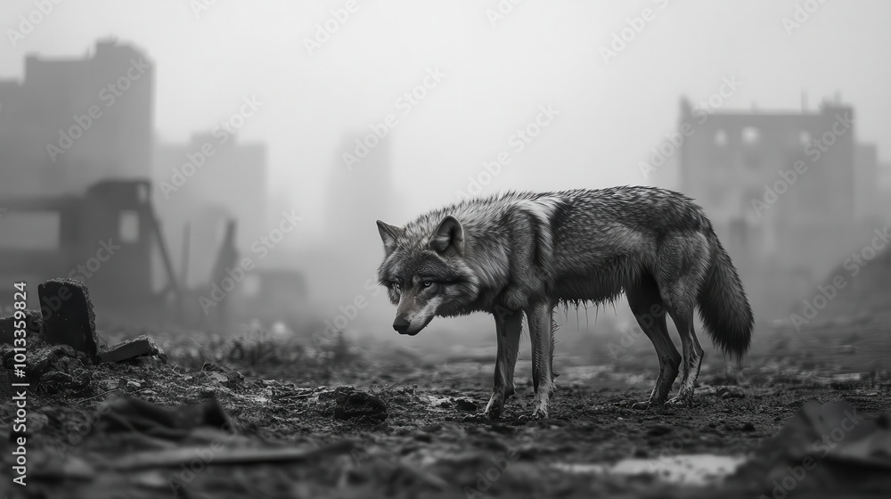 Fototapeta premium A tilted angle view of a lone wolf navigating a desolate