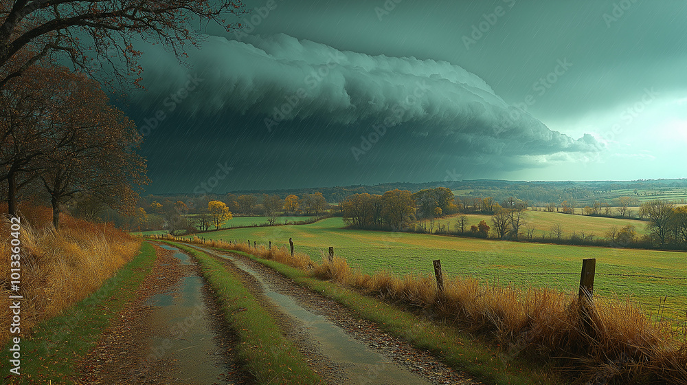 Fototapeta premium landscape with dark stormy clouds. approaching storm over a country road