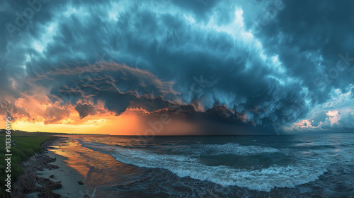 A hurricane crashing down and closing in on the coast beach rain bad weather tempest inclement weather shoreline