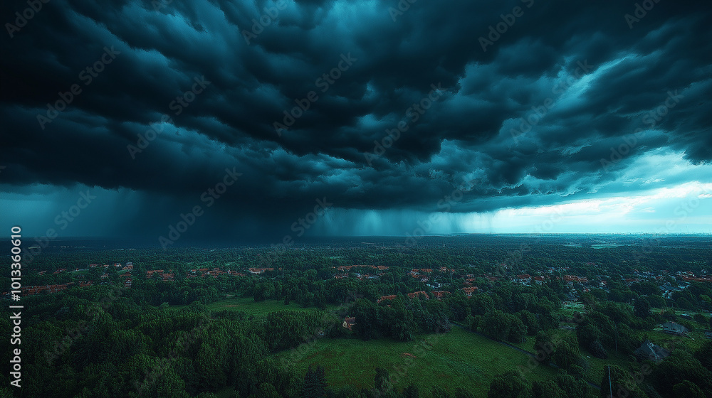 Moody landscape with dark stormy clouds with falling heavy downpour shower rain over distant town buildings Moody landscape with dark stormy clouds with falling heavy downpour shower rain over distant town buildings