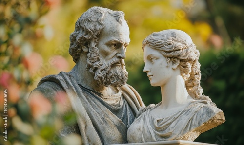 Stone sculptures of a man and woman.