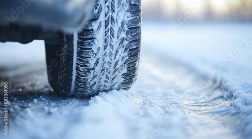 Closeup of ice car tire on road, winter tread pattern leaving tracks in snow, vehicle wheel showcasing safety and traction challenges in frozen driving conditions 