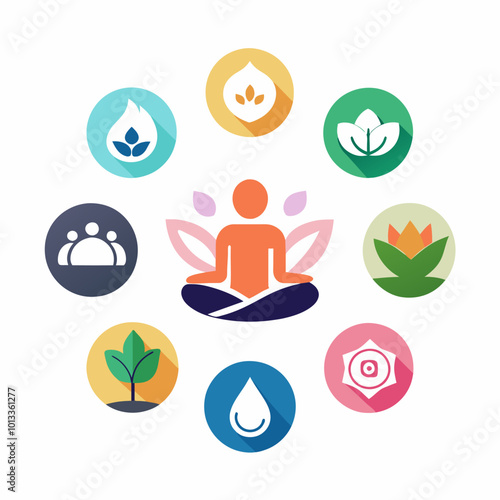 A person in lotus position surrounded by various icons