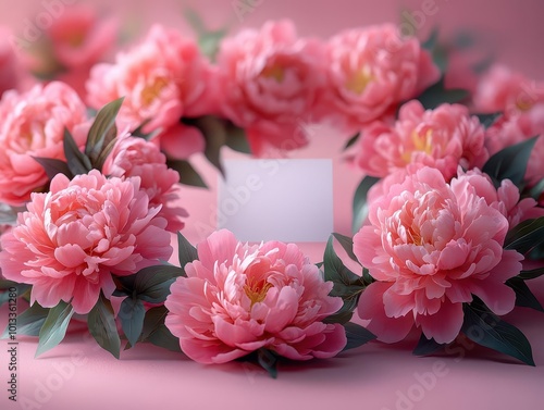 delicate pink peonies form an elegant wreath surrounding a blank white square atop a soft pink surface perfect for a heartfelt valentines day or mothers day greeting