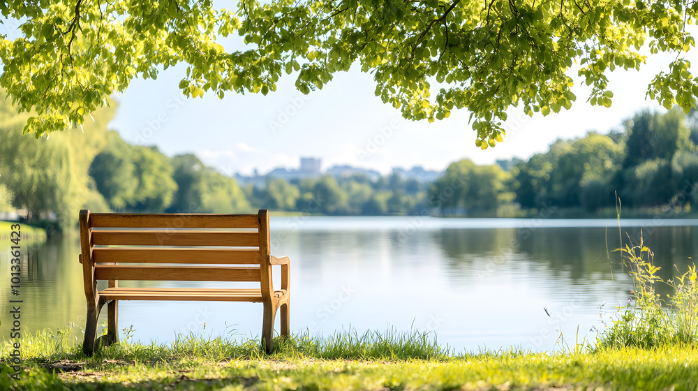 Obraz premium Early morning sunlight glows over a quiet park with an empty bench by a serene lake. The golden hour นด the gentle swaying trees and calm water, offering a escape for a peaceful Sunday reflection.