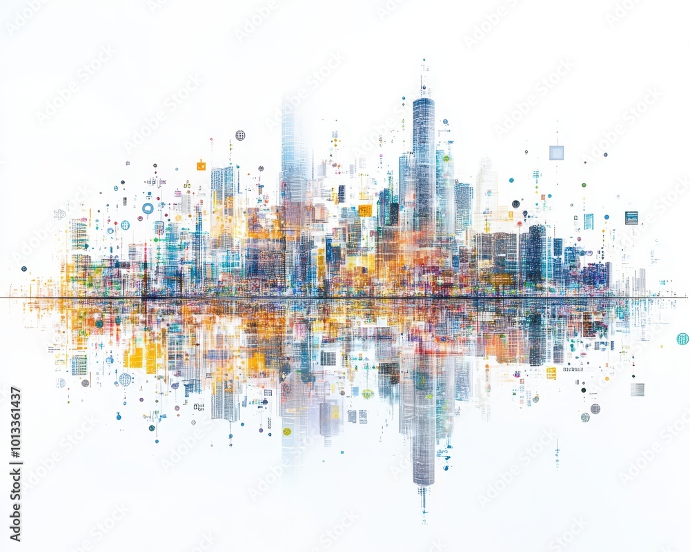 Obraz premium Supercomputer visualizing IoT interactions across an entire smart city, holographic display of networks, urban tech