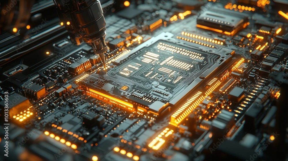 A close-up view of a circuit board with glowing components, showcasing technology and innovation. A close-up view of a circuit board with glowing components, showcasing technology and innovation.