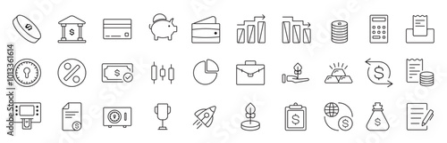 Finance icon set. Containing loan, cash, saving, financial goal, profit, budget, mutual fund, earning money and revenue icons. Line icons collection