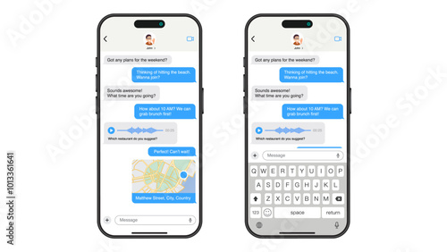 Smartphone Messaging: Chat App Frame with Speech Bubble, Map Sharing, and Voice Message Features. Vector.