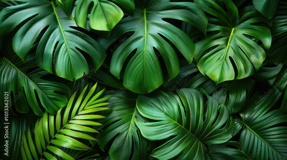 closeup tropical nature view of green leaf and palms background. Flat lay, dark nature concept, tropical leaf, copy space closeup tropical nature view of green leaf and palms background. Flat lay, dark nature concept, tropical leaf, copy space