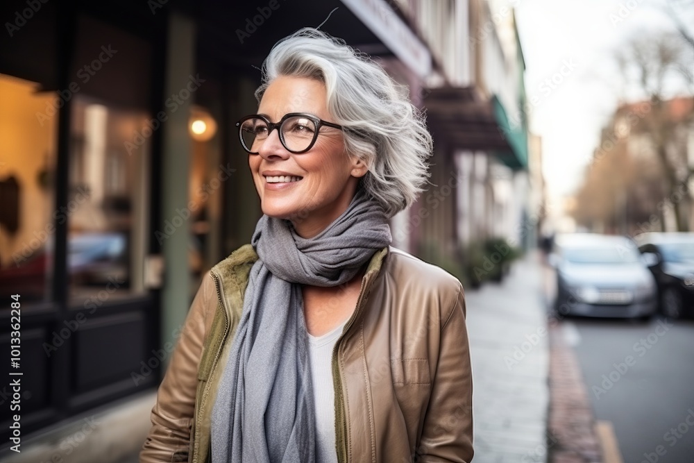 Portrait of a happy senior woman with eyeglasses standing outdoors Portrait of a happy senior woman with eyeglasses standing outdoors