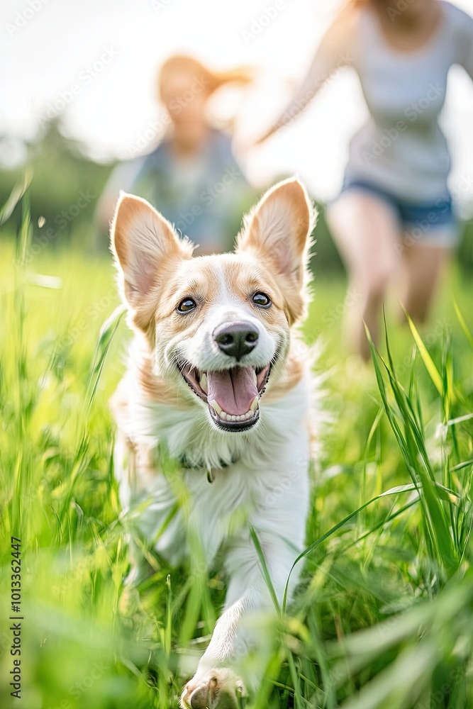 Happy Dog Joyfully Running and Barking in a Sunny Meadow With People Playing Nearby