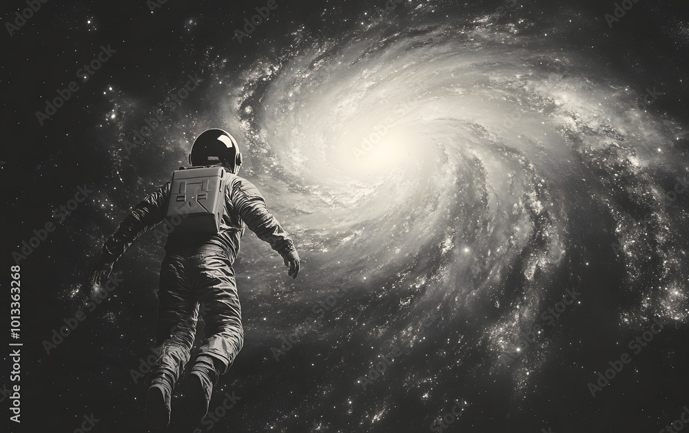 Fototapeta premium astronaut floating in space near swirling galaxy