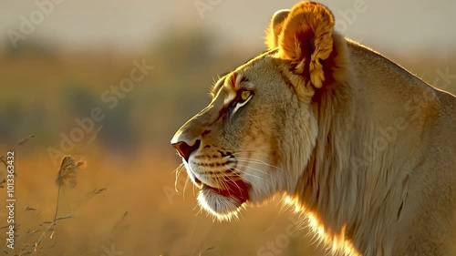 Close-up of fierce lion prowling through tall grass in the savannah