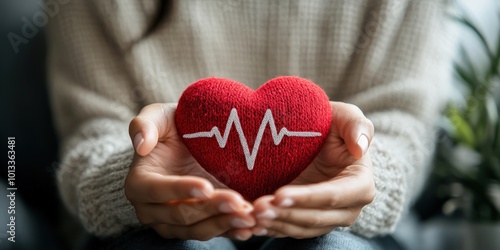 Hands Holding a Red Heart with Pulse Line Design