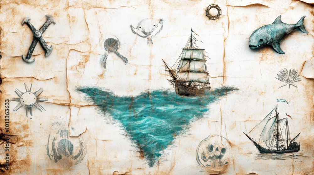 Fototapeta premium Vintage Treasure Map with Nautical Illustrations and Ship