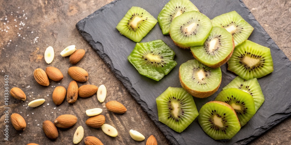 Foto Sliced kiwi and almonds arranged on a slate board.