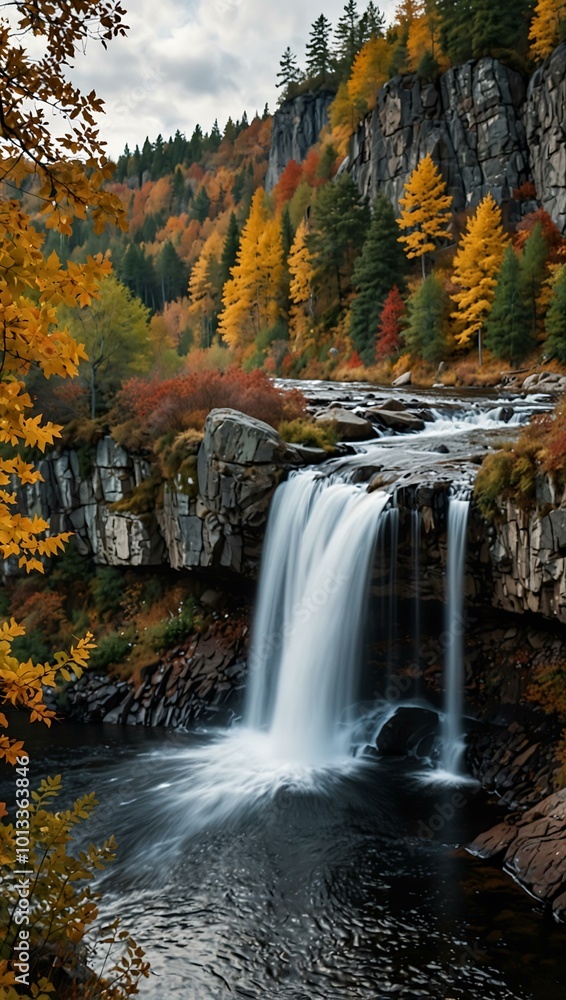 A beautiful Swedish waterfall cascading over rocky cliffs, surrounded by autumn foliage. A beautiful Swedish waterfall cascading over rocky cliffs, surrounded by autumn foliage.