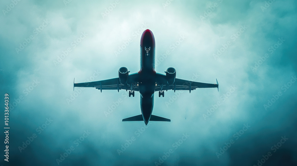 Airplane Flying Through Cloudy Sky from Below Airplane Flying Through Cloudy Sky from Below