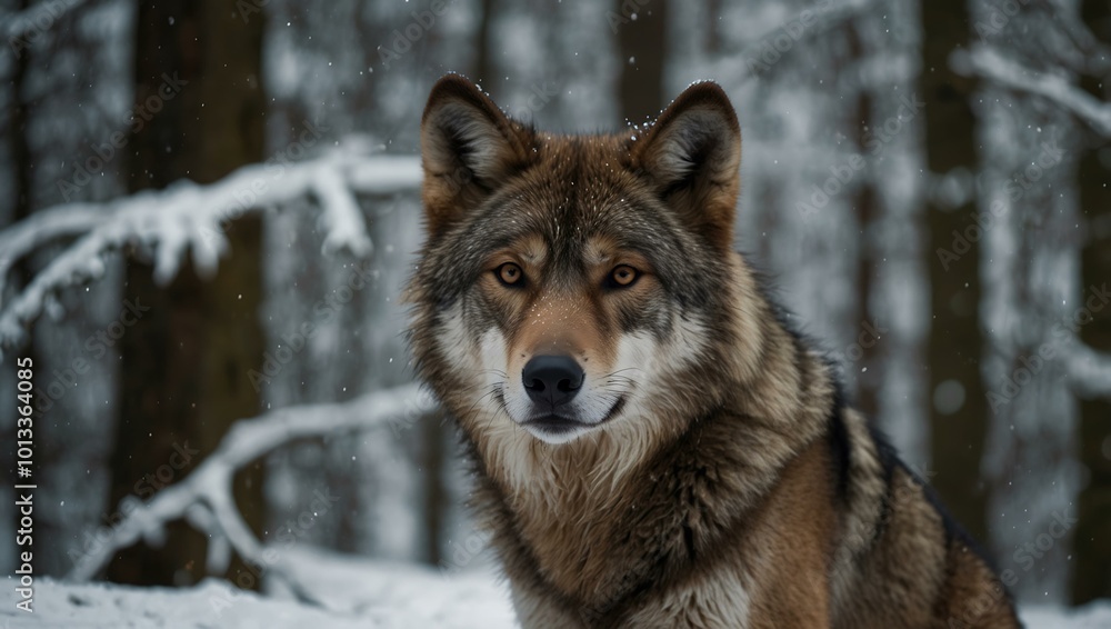 A brown wolf sits seriously in a snowy forest. A brown wolf sits seriously in a snowy forest.