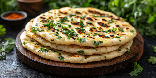 Freshly made naan bread on a rustic wooden plate with vibrant green cilantro leaves and golden spices, creating a warm, inviting atmosphere. Perfect for food-related content.