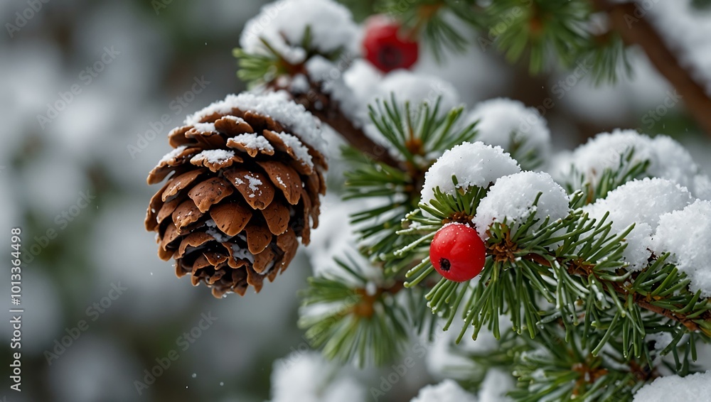 A close-up shot of a pine cone and berries on a snow-covered pine branch. A close-up shot of a pine cone and berries on a snow-covered pine branch.