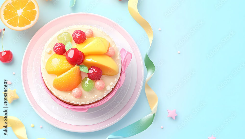 Dessert Tiramisu with cherries. Top view design. Free space for your text design Dessert Tiramisu with cherries. Top view design. Free space for your text design