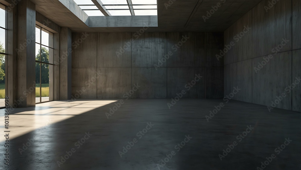 A concrete interior with sunlight and an empty wall mockup suggests art and exhibition potential. A concrete interior with sunlight and an empty wall mockup suggests art and exhibition potential.