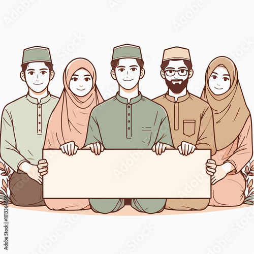 muslim youth vector set holding blank banner