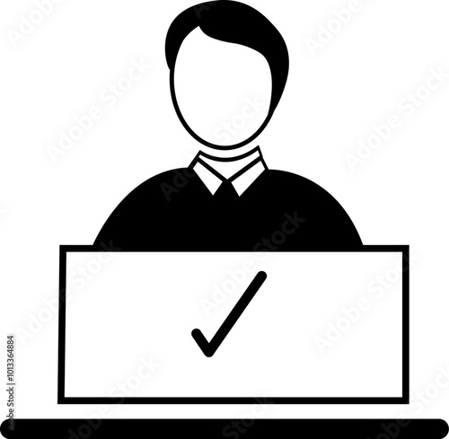 A person sitting behind a desk with a checkmark indicating successful verification process