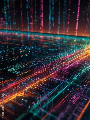 A digital landscape flows with data streams and glowing circuits, offering a vibrant setting.